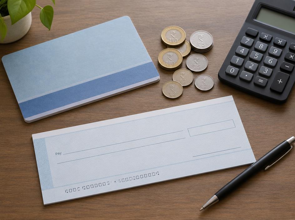 A passbook, coins and a cheque on a desk