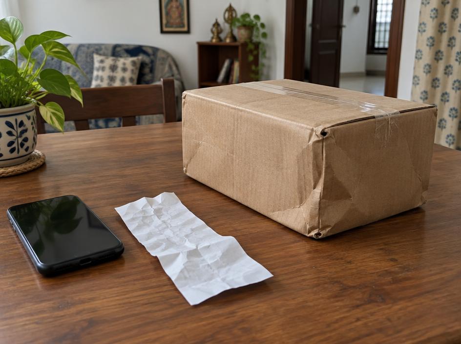 A damaged parcel and receipt on a table