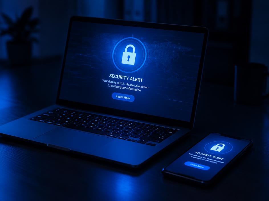 A laptop and phone showing a security warning