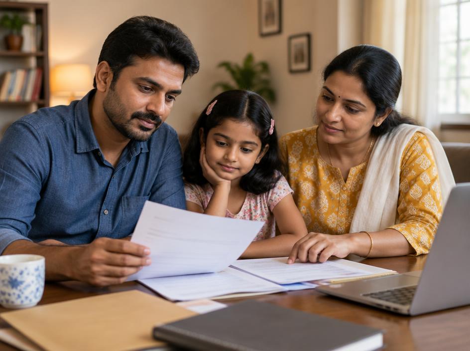 A family reading documents together at home