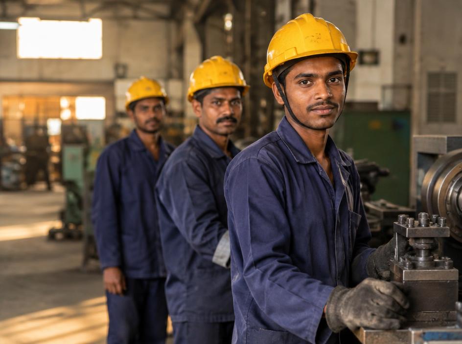 Factory workers in safety helmets