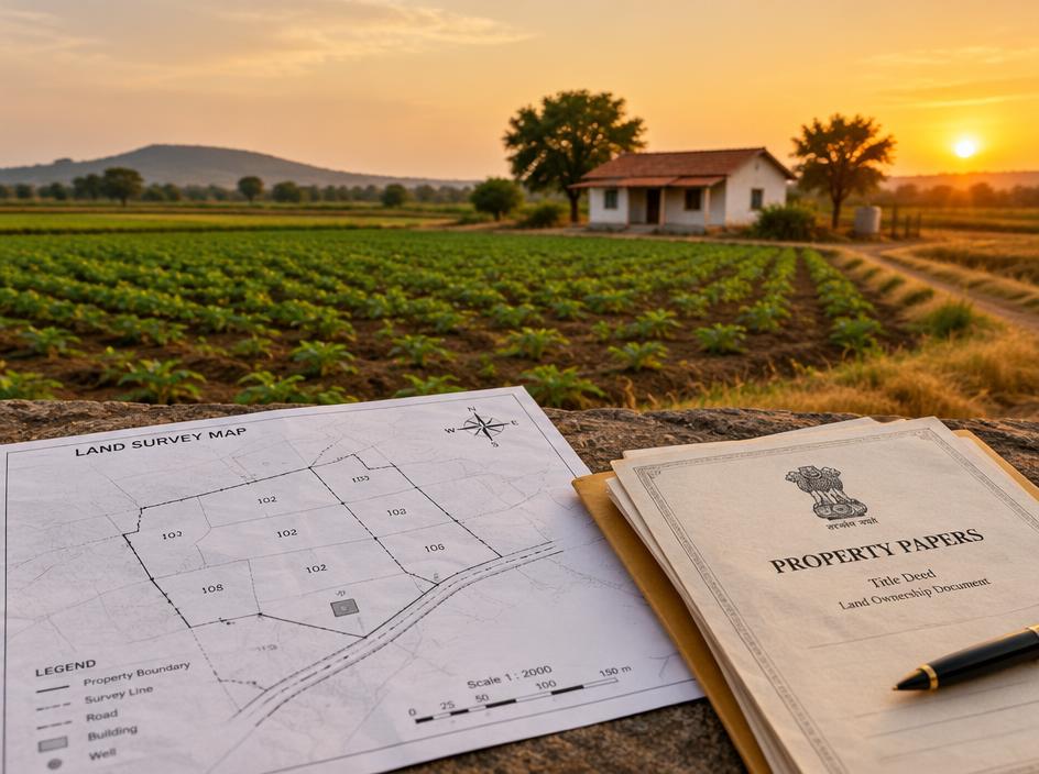 Farmland with a survey map and property papers