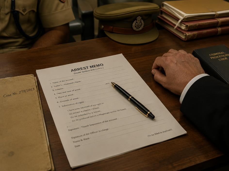An arrest memo form on a police station desk