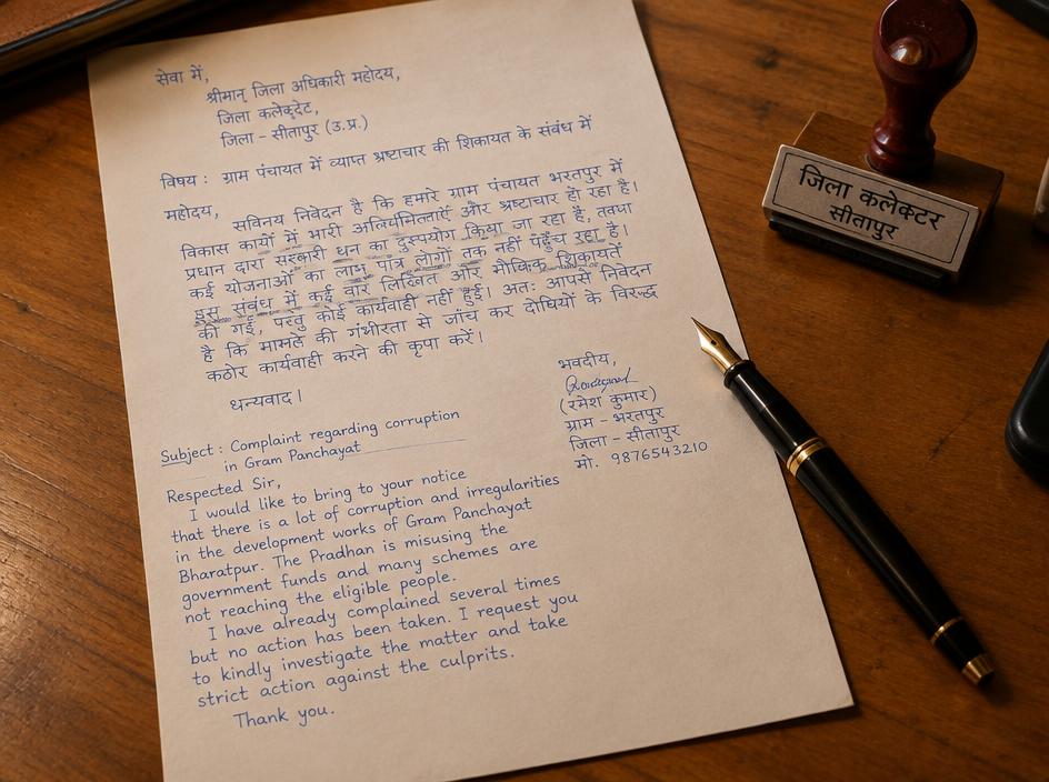 A handwritten complaint letter with an official stamp