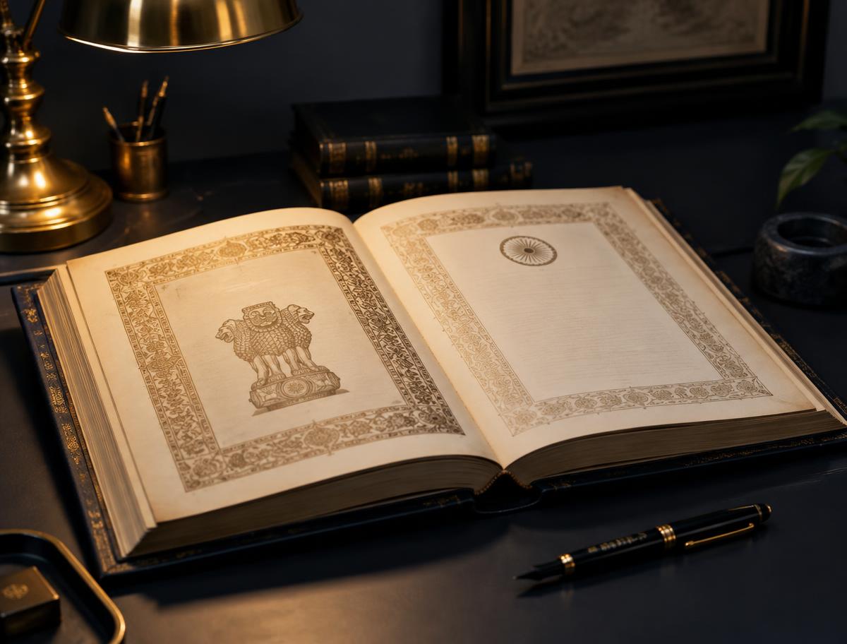Illustrative Constitution of India book on a desk